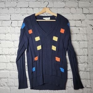 Vtg Mila Schön Uomo 100% Cotton VNeck Knit Navy Blue Color Block Sweater Size S